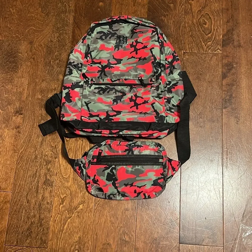 NWT Badgley Mischka Nylon Pink Camo Backpack w/ Removable Belt Bag‎